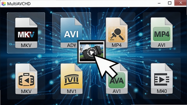 multiAVCHD视频导入界面，显示多种视频文件格式图标，如MKV、AVI、MP4，背景为蓝色科技光效，画面中央有视频文件拖拽动画