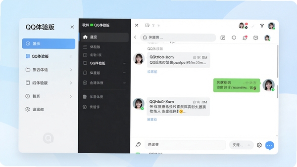 QQ体验版主界面预览图,展示全新的侧边栏布局与清爽的聊天窗口,背景为浅色渐变,整体风格现代简洁,突出软件名称QQ体验版