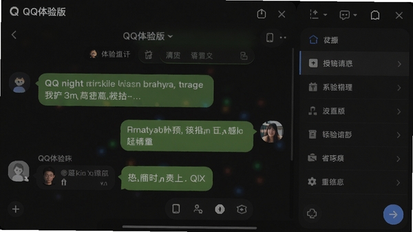 QQ体验版深色模式界面截图,展示夜间使用的低亮度配色方案,聊天窗口与功能面板层次分明,强调视觉舒适度