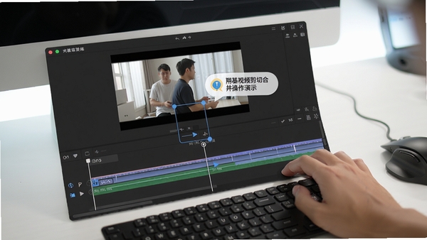 翔基视频剪切合并操作演示，展示用户正在拖动时间轴上的剪切标记，预览窗口显示视频画面，界面有提示气泡，背景为明亮的电脑桌面，细节清晰，风格写实