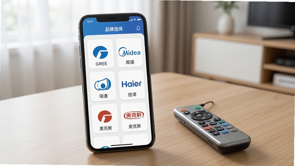 万能遥控空调APP在手机上展示品牌选择列表，屏幕中列出格力、美的、海尔、奥克斯等多个品牌图标，每个图标下方有对应名称，背景为简洁的室内桌面，手机旁边放着一台小型空调遥控器，画面强调对比，突出软件替代实体遥控器的便捷性，图片风格写实。