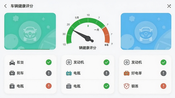 好安全车主软件功能界面截图,展示车辆健康评分仪表盘,指针指向绿色区域,下方分类列出发动机、刹车、电瓶等检测项目,每项旁边有对勾或感叹号图标,界面采用卡片式布局,色彩清新明亮
