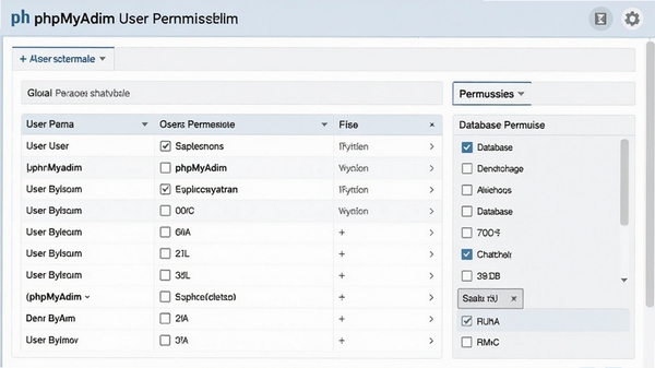 phpMyAdmin用户权限管理页面，显示用户列表和权限复选框，界面风格清晰，有全局权限和数据库权限分组