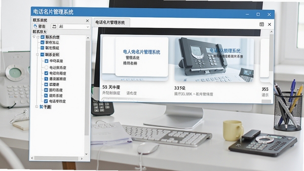 电话名片管理系统主界面截图，展示左侧联系人分组树，右侧名片详情卡片，背景为整洁的办公桌面，软件界面以蓝色和白色为主色调，风格简洁现代，细节清晰可见