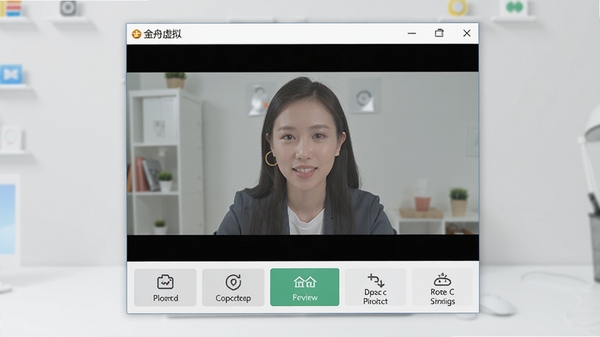 金舟虚拟摄像头主界面预览，展示软件启动后的主窗口，上方为视频预览区域，下方为功能按钮，背景为浅灰色桌面，整体风格简洁清晰