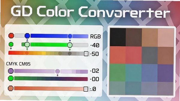 GD Color Converter色彩转换界面特写，显示RGB与CMYK数值同步变化，右侧色块展示转换结果，背景带有柔和渐变网格，突出软件名称GD Color Converter，科技感与实用性结合
