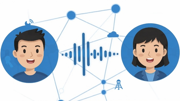 19talk高清语音通话功能示意图，展示两个通话中的卡通人物头像，中间以清晰的声波图形连接，背景为简洁的网络拓扑图，色调以蓝色和白色为主，体现稳定与清晰