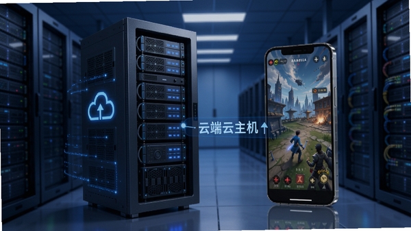 数版云游云主机性能示意图,画面展示一台虚拟服务器机柜,旁边有一部手机连接云端,手机屏幕上显示高性能游戏画面,背景为机房环境,蓝色调,突出云端算力与手机互联的概念