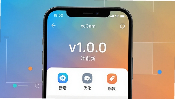 双摄相机xcCam更新日志配图，展示手机屏幕上的版本更新界面，背景为渐变色，中心位置显示v1.0.0版本号，下方有新增、优化、修复三类图标，整体风格简洁清晰，符合应用商店更新说明的视觉风格