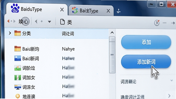高清特写BaiduType的词库管理界面，在电脑屏幕上显示着分类清晰的词汇列表，右侧有添加和导入词汇的按钮，鼠标光标正悬停在“添加新词”按钮上，画面色调明亮，细节丰富，软件名称BaiduType在界面顶部标签栏上清晰可见