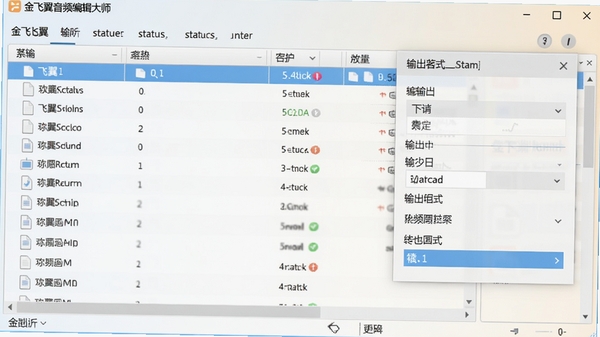 金飞翼音频编辑大师批量转换功能运行截图，展示文件列表与输出格式选择菜单，界面风格简洁明快，文件状态标识清晰，背景为浅色渐变，凸显功能操作流程