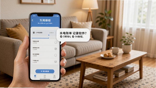 水电账单记录软件使用教程场景图，手机屏幕显示操作步骤提示气泡，背景为家庭客厅一角，有沙发和茶几，整体氛围温馨，强调用户友好性