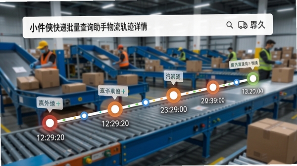 小件侠快递批量查询助手物流轨迹详情页，展示时间轴式物流节点，背景为包裹分拣中心，颜色鲜明突出