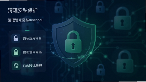 清理管家隐私保护界面图，展示应用锁和隐私空间的功能列表，背景为盾牌和锁的图标，搭配深蓝色和绿色，营造安全可靠的氛围