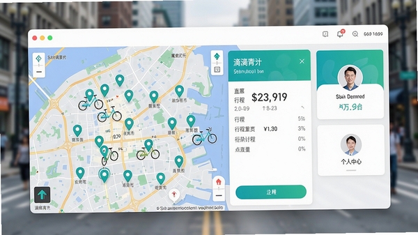 滴滴青桔电脑版主界面预览图，画面左侧显示城市地图与单车分布定位图标，右侧为行程计费面板与个人中心卡片，整体采用青绿色与白色为主色调，背景虚化城市街道场景，前景突出软件操作窗口，界面风格现代简约，光线明亮自然