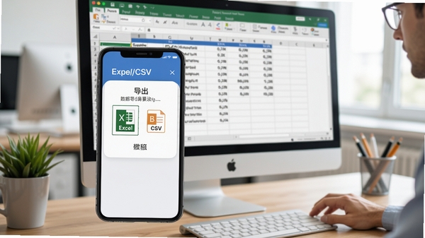 水电账单记录软件数据导出功能示意图，手机屏幕显示导出格式选择菜单（Excel/CSV），背景为电脑屏幕上的表格数据，强调办公协作场景