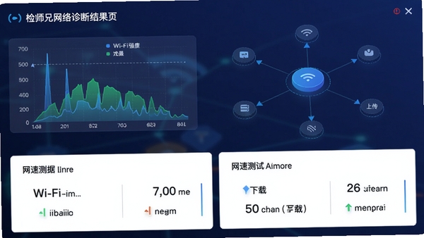 检师兄网络诊断结果页,显示Wi-Fi信号强度图表和网速测试数据,包含延迟、下载、上传数值,背景有网络拓扑图元素,风格现代且数据可视化