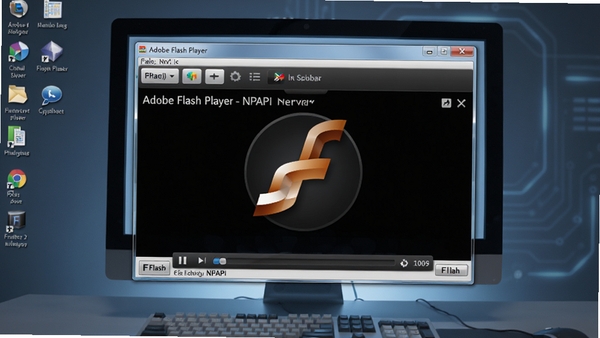 Adobe Flash Player 非IE版 - NPAPI 主界面预览图,展现经典Flash播放器界面与浏览器集成效果,背景为现代桌面电脑屏幕,画面主体清晰,色调偏蓝灰科技感,风格写实,细节丰富