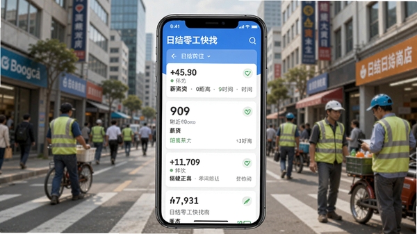 日结零工快找软件主界面预览图,手机屏幕显示附近日结岗位列表,包含薪资、距离、时间等清晰信息,背景为城市街道与忙碌的劳动者,整体色调明亮简洁,突出实用与便捷感,适配Boogu模型生成