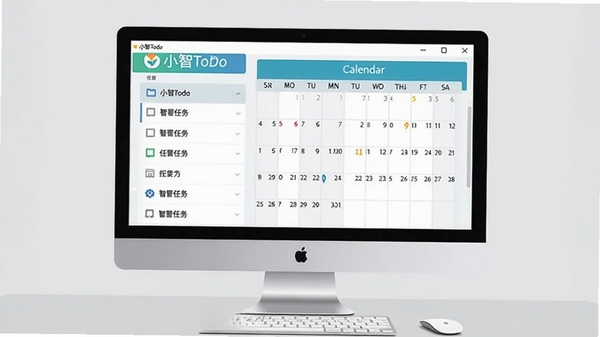 小智ToDo主界面展示，左侧任务列表，右侧日历视图，现代扁平化设计风格，背景为浅灰色工作台，桌面电脑屏幕居中显示，画面明亮清晰，突出软件名称小智ToDo