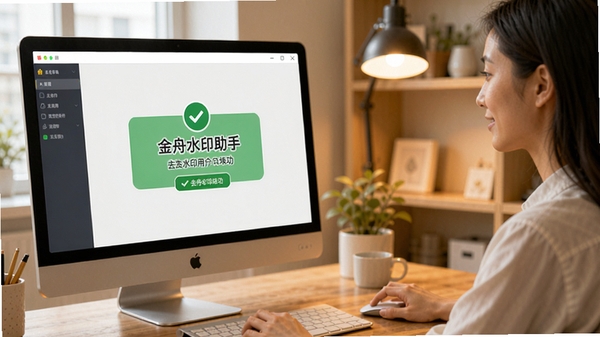金舟水印助手用户问答场景图，一个用户正在电脑前操作软件，界面显示去水印成功提示，背景为温馨的办公室环境