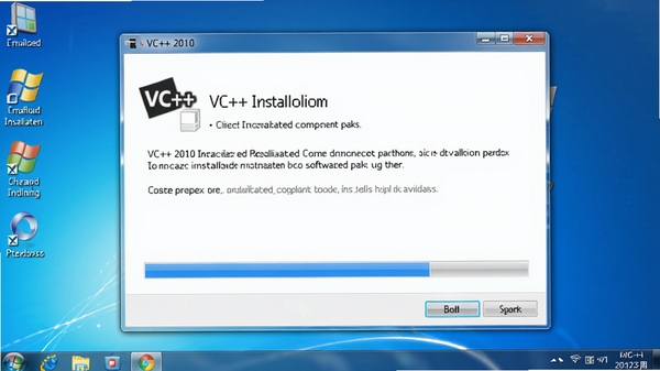 展示VC++ 2010可再发行组件包安装界面，背景为简洁的Windows桌面环境，前景是蓝色的安装进度条窗口，画面清晰明亮，突出软件安装包的实用属性