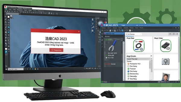 浩辰CAD 2023运行错误修复示意图，显示电脑屏幕上出现错误提示框，旁边有修复工具界面，整体氛围专业且具有指导性
