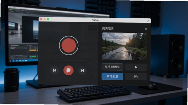 CamIn软件主界面预览图，展示简洁的录制控制面板与高清画质选项，背景为多媒体工作站环境，画面主体突出软件窗口，科技感与专业感并存