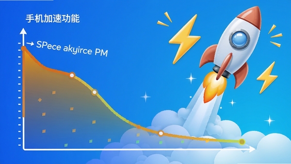清理管家手机加速功能示意图，显示CPU和内存占用率下降的曲线，背景有火箭升空和闪电图标，象征速度提升和节能，整体色调活泼明亮