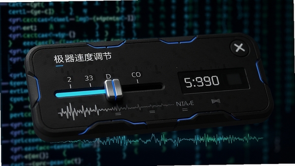 极速鼠标连点器速度调节面板特写，展示档位滑块和数字输入框，周围有动态的速度波形图，背景为深色，突出面板的科技感和精准度，画面主体为调节面板，背景区域为模糊的代码雨效果