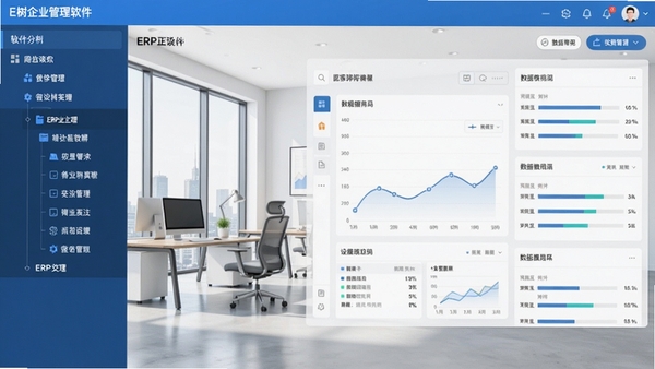 E树企业管理软件（ERP系统）主界面截图，左侧功能树导航，右侧数据看板，背景为简洁的现代办公室环境，整体色调以蓝白为主，UI设计清晰专业，适配Boogu模型生成。