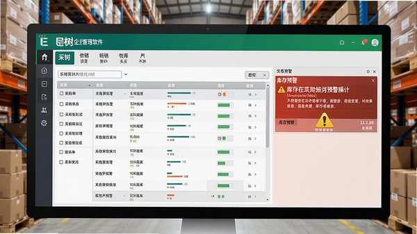 E树企业管理软件（ERP系统）进销存模块操作界面，展示采购单列表与库存预警提示，背景为仓库货架，风格写实，色彩明亮，突出数据管理氛围。