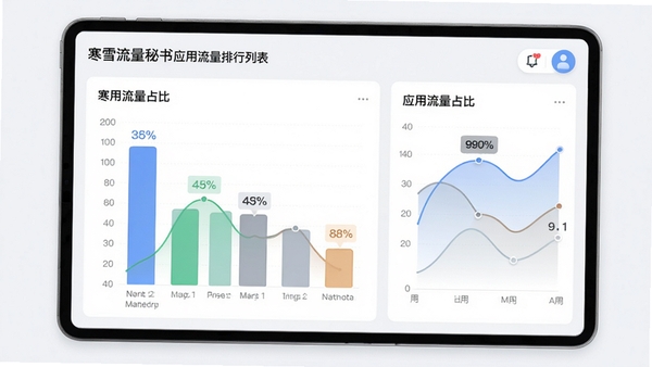 寒雪流量秘书应用流量排行列表界面，展示各应用流量占比条形图，背景为浅色数据统计风格，带有平滑曲线图表和百分比标注，整体设计干净清晰。