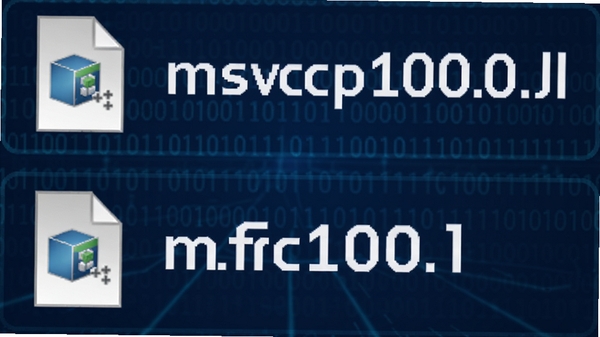 图示VC++ 2010可再发行组件包中的核心DLL文件图标，画面以深蓝色技术风格为主，展示msvcp100.dll和mfc100.dll等文件名称，背景点缀二进制数字代码，强调系统底层支持特性