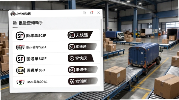 小件侠快递批量查询助手自动识别快递公司界面，单号列表旁自动标注顺丰、圆通等logo，背景为物流运输场景，画面清晰直观