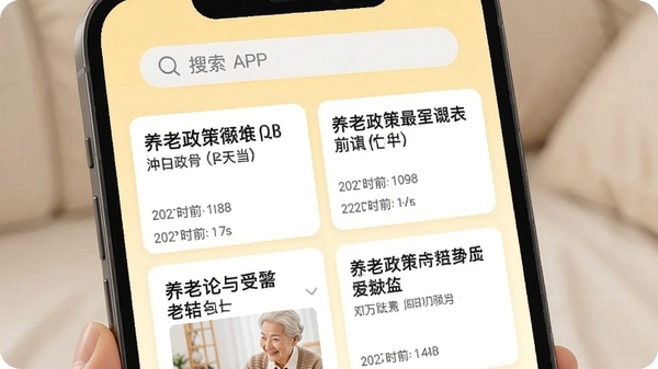 津康养APP的资讯页面展示，屏幕上显示多条养老政策新闻卡片，配有标题和发布时间，背景为淡黄色，顶部有搜索栏，界面简洁，文字清晰，整体风格温馨，符合中老年用户阅读习惯。