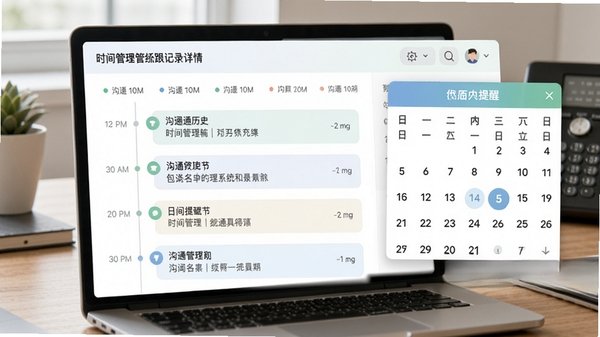 电话名片管理系统跟进记录详情页面，显示时间轴样式的沟通历史，以及日历提醒窗口，背景为办公桌面，界面色彩柔和，突出时间管理与记录功能