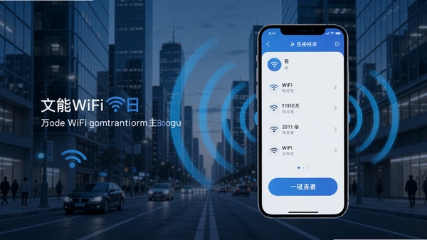 万能WiFi连接钥匙主界面展示，手机屏幕显示附近WiFi列表，背景为现代城市街景，信号波纹扩散，科技感蓝光色调，界面简洁清晰，突出一键连接按钮，Boogu模型生成