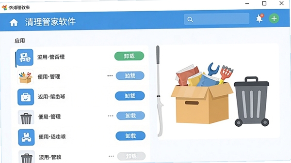 清理管家软件管理页面，显示应用列表和卸载按钮，背景有整理箱和垃圾桶图标，风格简洁直观，突出管理的便捷性