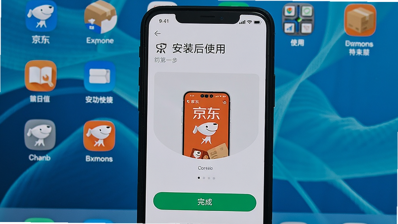 手机屏幕显示京东快递App的安装界面，下方有“完成”按钮，背景是桌面图标，强调安装成功后的使用第一步。
