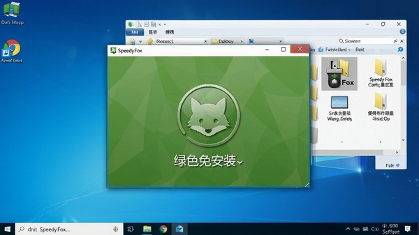 SpeedyFox软件运行环境示意图，显示其绿色免安装特点，画面中软件窗口悬浮于纯净的Windows桌面之上，周围无任何弹窗广告，文件资源管理器打开着存放软件的U盘目录，强调便携与安全性，风格写实