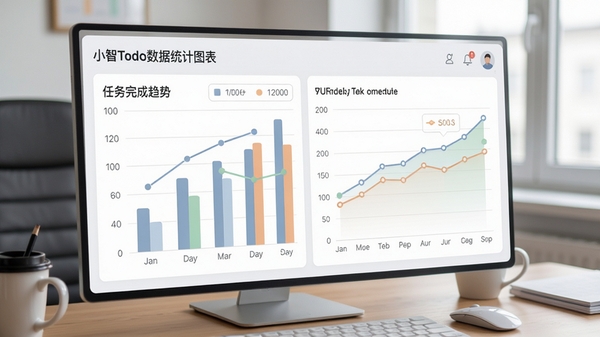 小智ToDo数据统计图表界面，柱状图与折线图展示任务完成趋势，色彩搭配柔和，界面简洁，背景为办公桌面，体现数据可视化功能