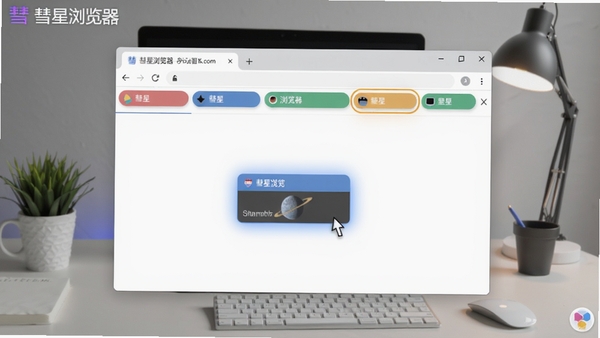 彗星浏览器多标签管理功能展示,画面中浏览器窗口内排列多个彩色标签页,其中一个标签被拖动并高亮,背景为整洁的桌面工作环境,包含软件名称彗星浏览器