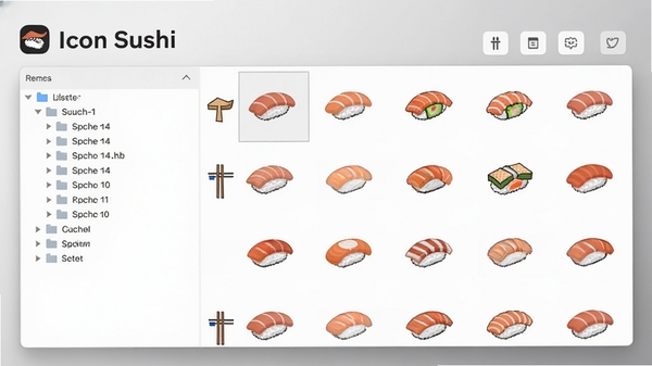 Icon Sushi软件主界面截图，左侧为文件列表树，右侧为图标预览网格，界面采用现代简约的浅色设计，图标清晰排列，整体风格专业且整洁，背景为柔和的渐变灰色，软件名称与Logo醒目显示在界面左上角