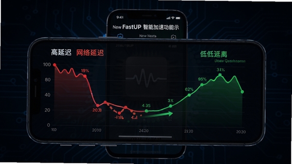New FastUP 智能加速功能示意图，手机屏幕显示网络延迟数据对比折线图，左边红色高延迟，右边绿色低延迟，背景为深色科技感，画面简洁明亮，突出加速效果
