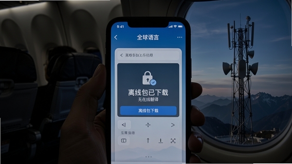 全球语言互译应用界面展示离线翻译功能,屏幕上显示“离线包已下载”的提示,背景是飞机舱内或山区信号塔,色调偏暗,突出无网络环境下的可靠翻译能力