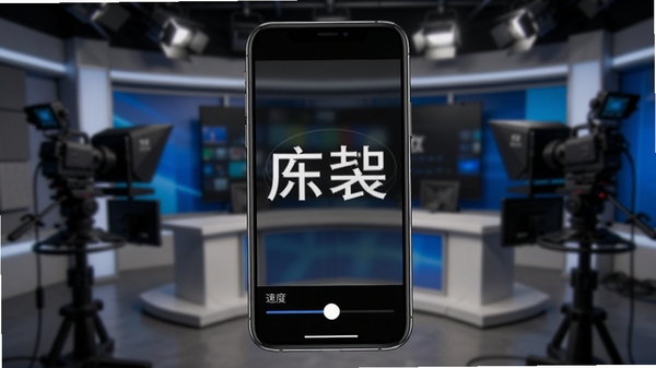 Tdx Teleprompter智能滚动功能演示,手机屏幕显示清晰大字幕,下方有速度调节滑块,背景为模糊的演播室环境,突出专业感与实用性