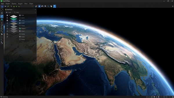 EarthView软件高精度三维渲染功能预览图，画面展示从太空视角拉近至某个大陆的过渡效果，地球曲面边缘带有大气层光晕，地面细节逐渐清晰，左侧有半透明的图层控制面板，整体风格写实且具有科技感，桌面软件截图风格