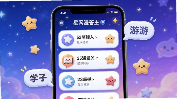 星网漫答主界面预览图，手机屏幕中展示问答闯关列表，背景为渐变的星空蓝紫色，界面元素圆润可爱，有星星和漫游对话气泡装饰，整体明亮清晰，突出学习与互动氛围，适合应用商店截图风格，4k高清