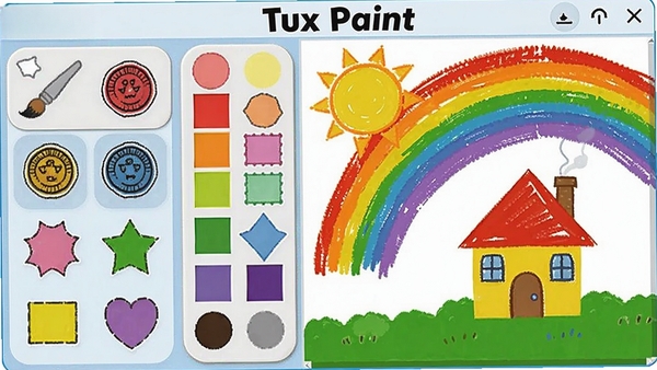 Tux Paint绘画工具界面，展示画笔、印章、形状等工具选项，旁边有色彩调色板和画布，画布上画着彩虹、太阳和小房子，整体风格活泼，色彩明亮，软件名称为Tux Paint